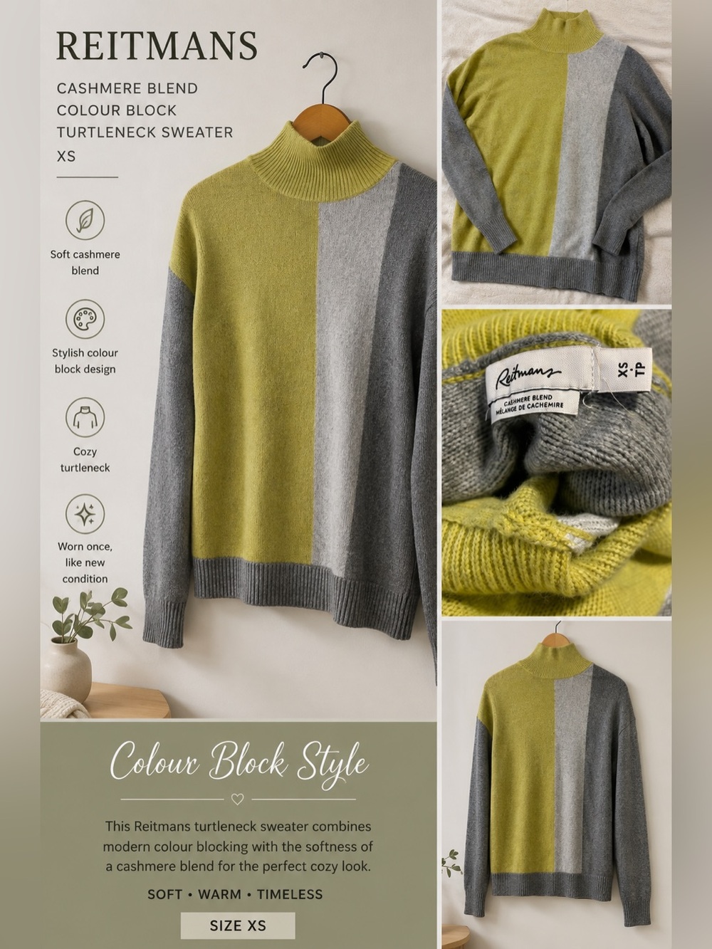 Reitmans Cashmere Blend Colour Block Turtleneck Sweater XS
